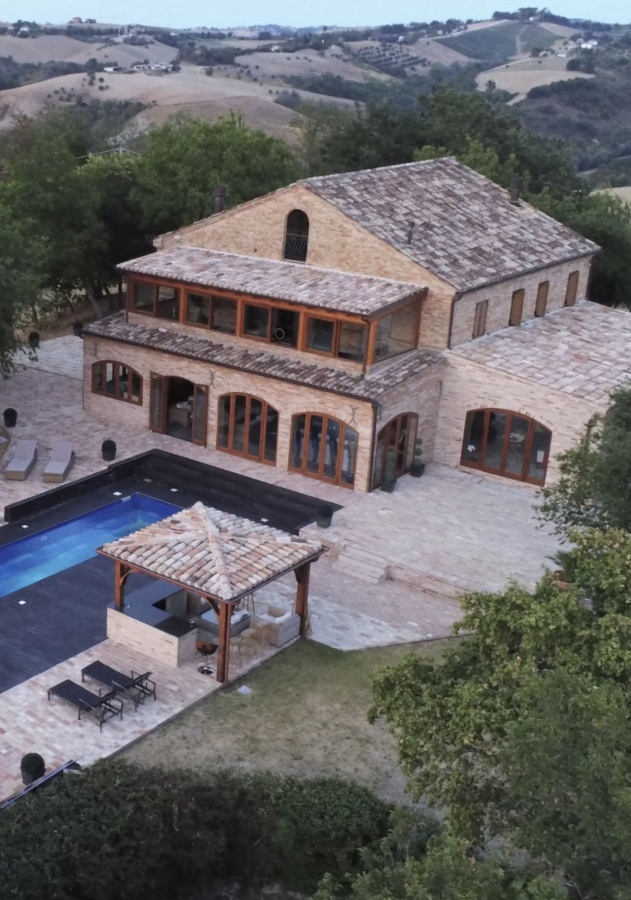 The farmhouse and pool from above