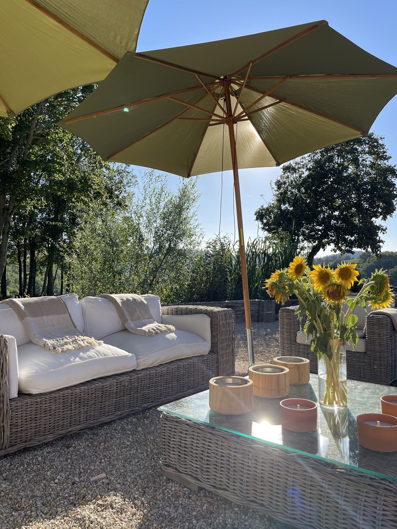 Outdoor lounge under umbrellas